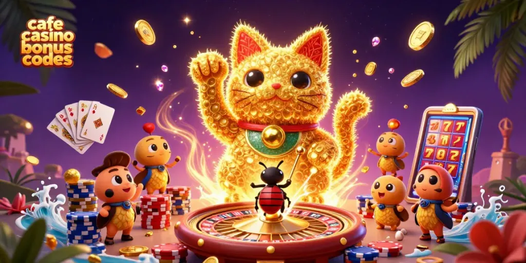 Experience exciting gaming with Cafe Casino bonus codes and vibrant golden lucky cat symbols swirling around.