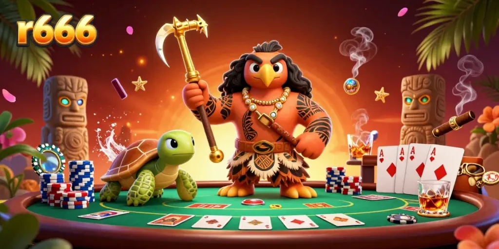 Experience high-stakes gaming with r666, featuring dynamic poker tables and vibrant characters.
