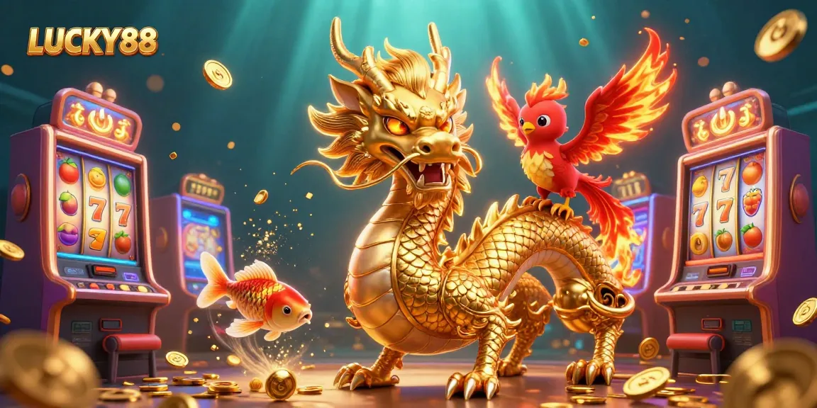 Experience thrills with LUCKY88 in a dynamic casino scene featuring a golden dragon, phoenix, and koi fish.