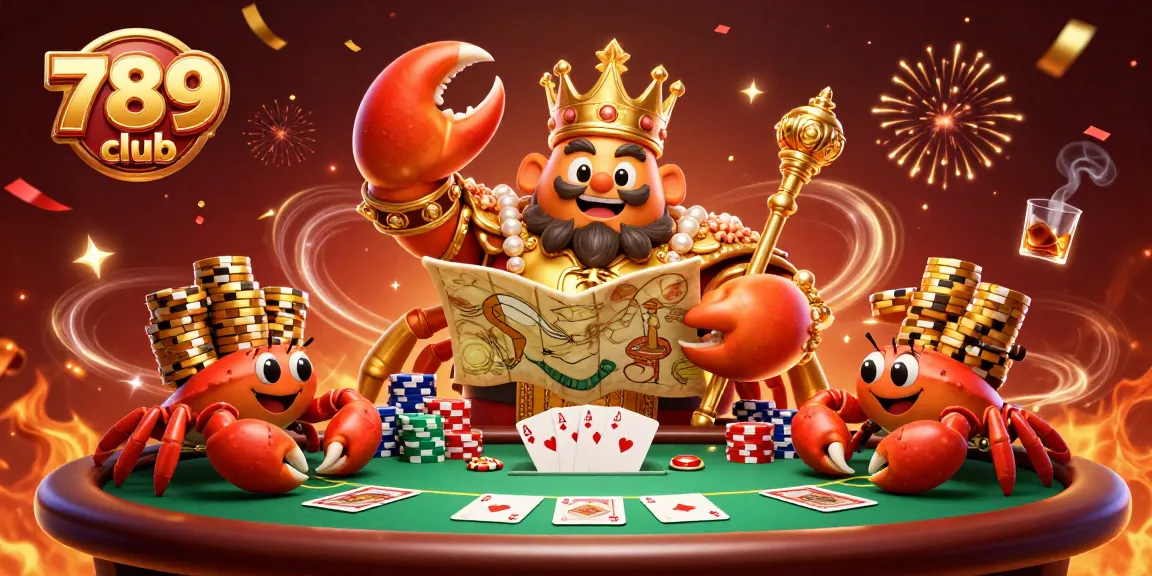 Win big at the 789 club with a golden crab emperor amidst colorful poker chips and festive elements.