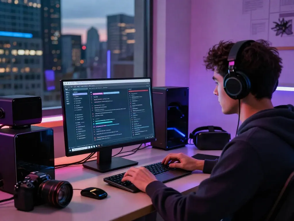 Focused user navigating hidden wiki dark web on dual monitors in a modern tech workspace.
