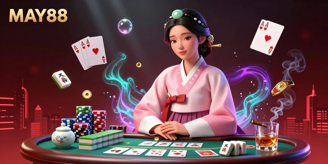 MAY88 showcases a vibrant casino scene with an elegant Asian woman, poker elements, and glowing effects.