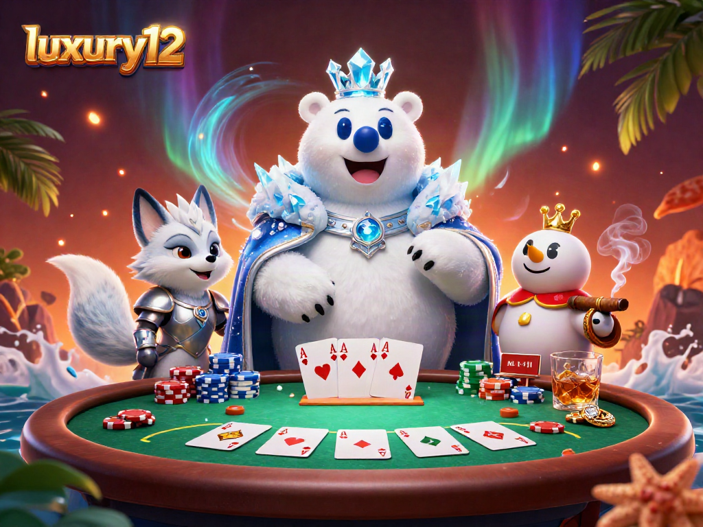 Gambarkan kasino mewah luxury12 dengan raja beruang kutub dan rubah salju di meja poker.