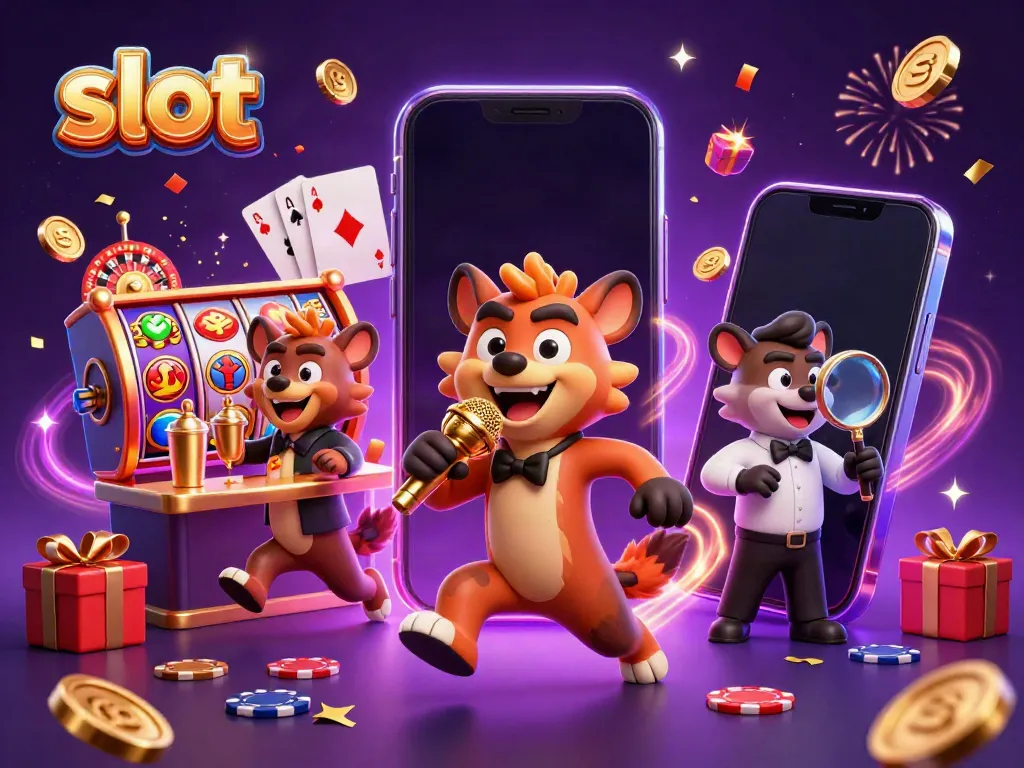 Kelompok hyena 3D menikmati slot dengan komedi di kasino, menggambarkan slot permainan yang menyenangkan.