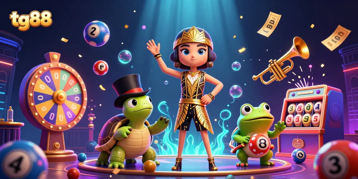 tg88 presents a vibrant 3D illustration with a festive atmosphere of lottery excitement and casino entertainment.