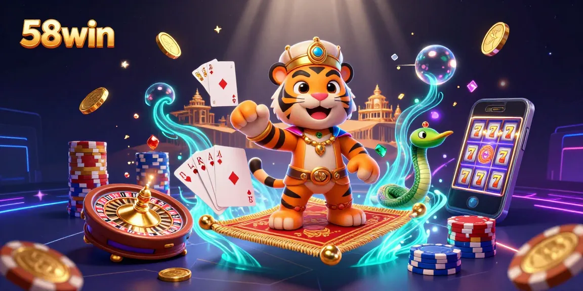 Engage with 58win's thrilling online casino experience featuring a magical tiger sultan and vibrant game elements.