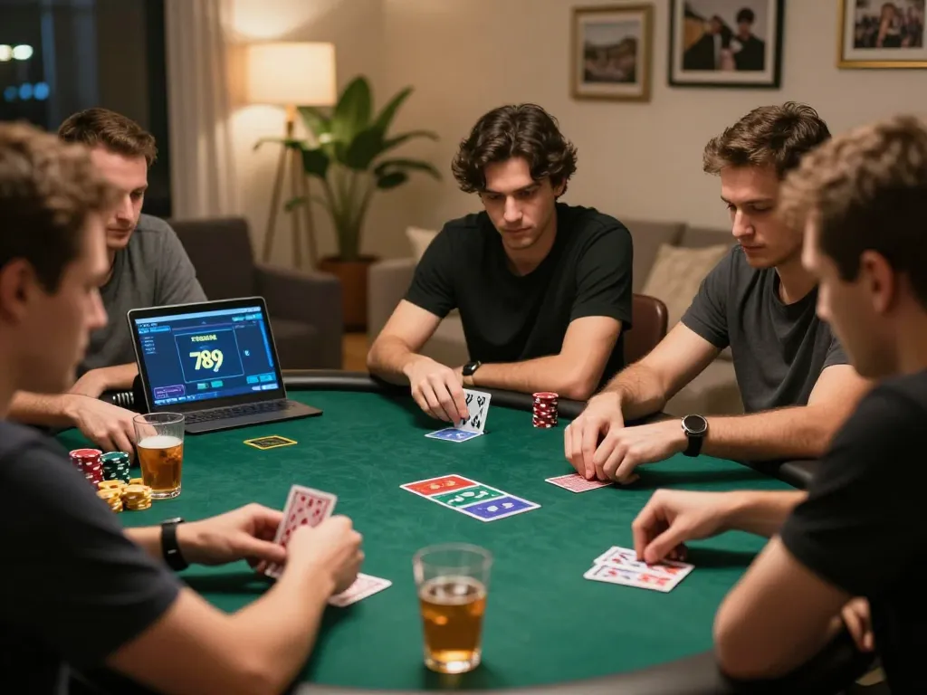 Players engaged in a strategic poker game on 789club, with cards and chips creating an exciting atmosphere.