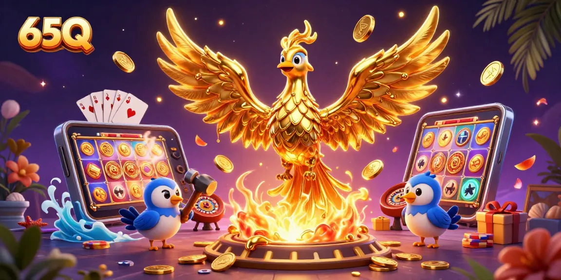 Ganhe nos slots com 65Q: ilustração digital de cassino mostrando um fênix dourado.