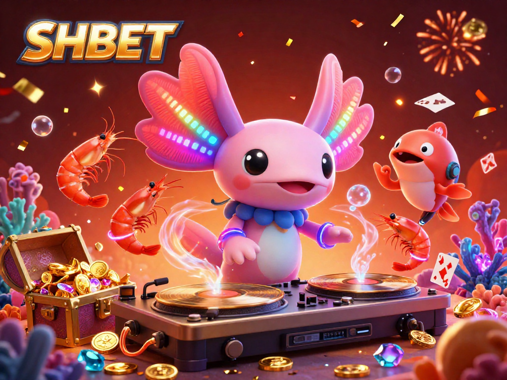 Experience vibrant action at SHBET with neon axolotl DJ spinning records, surrounded by colorful gaming elements.
