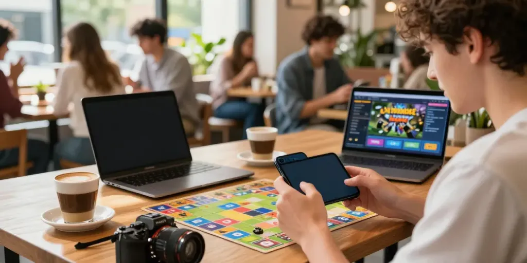 Engaged player enjoying the Rumble Rummy app on a smartphone in a café.