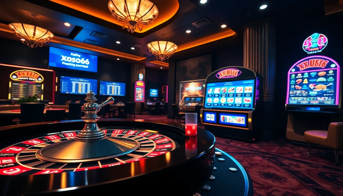 Experience the thrill of xoso66 online gaming with a luxurious casino layout featuring roulette and slots.