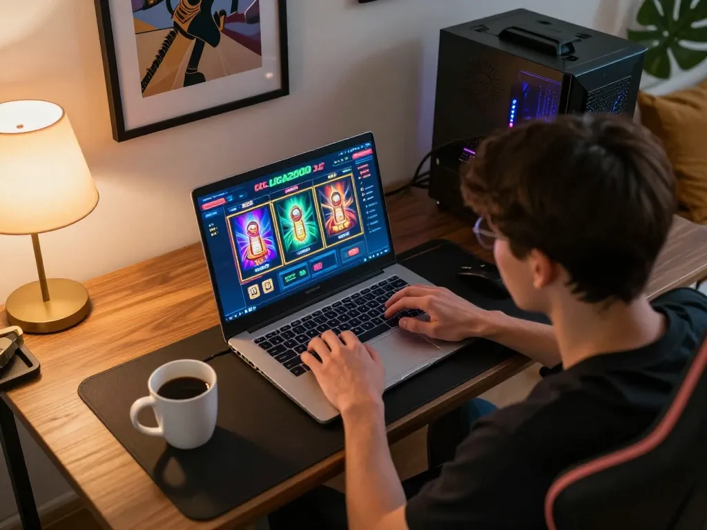 Engaging player enjoying LIGA2000 online slots at a cozy home gaming setup