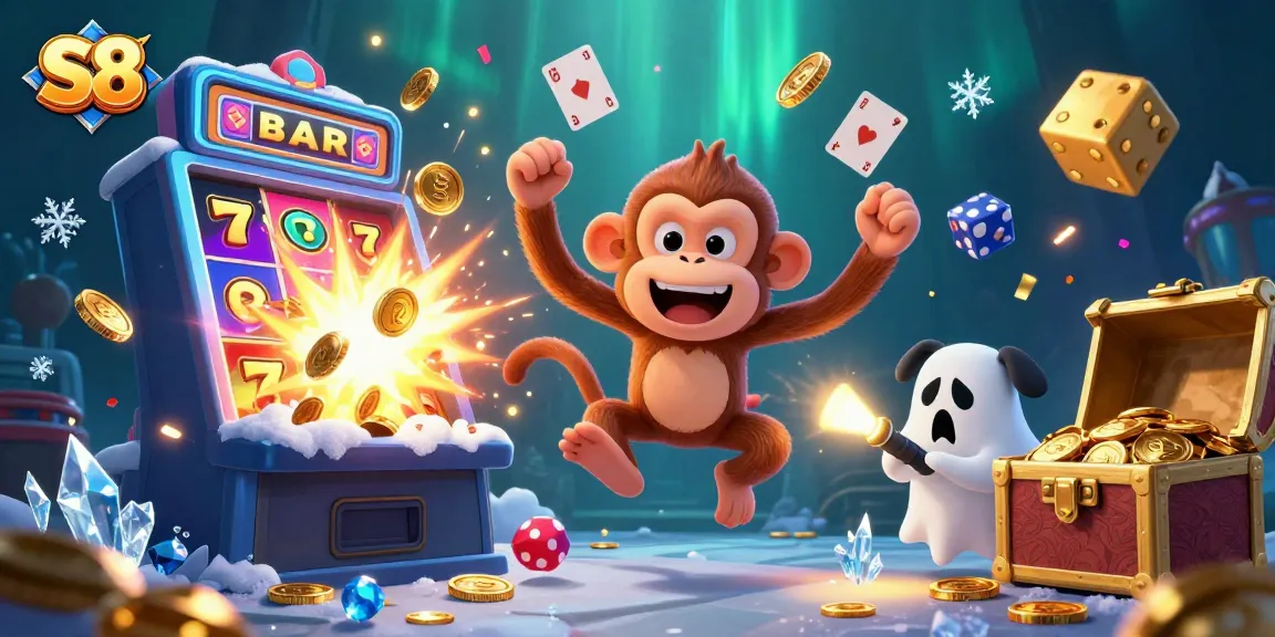 S8 players experience the thrill of a haunted casino with a mischievous monkey and a curious puppy in this dynamic illustration.