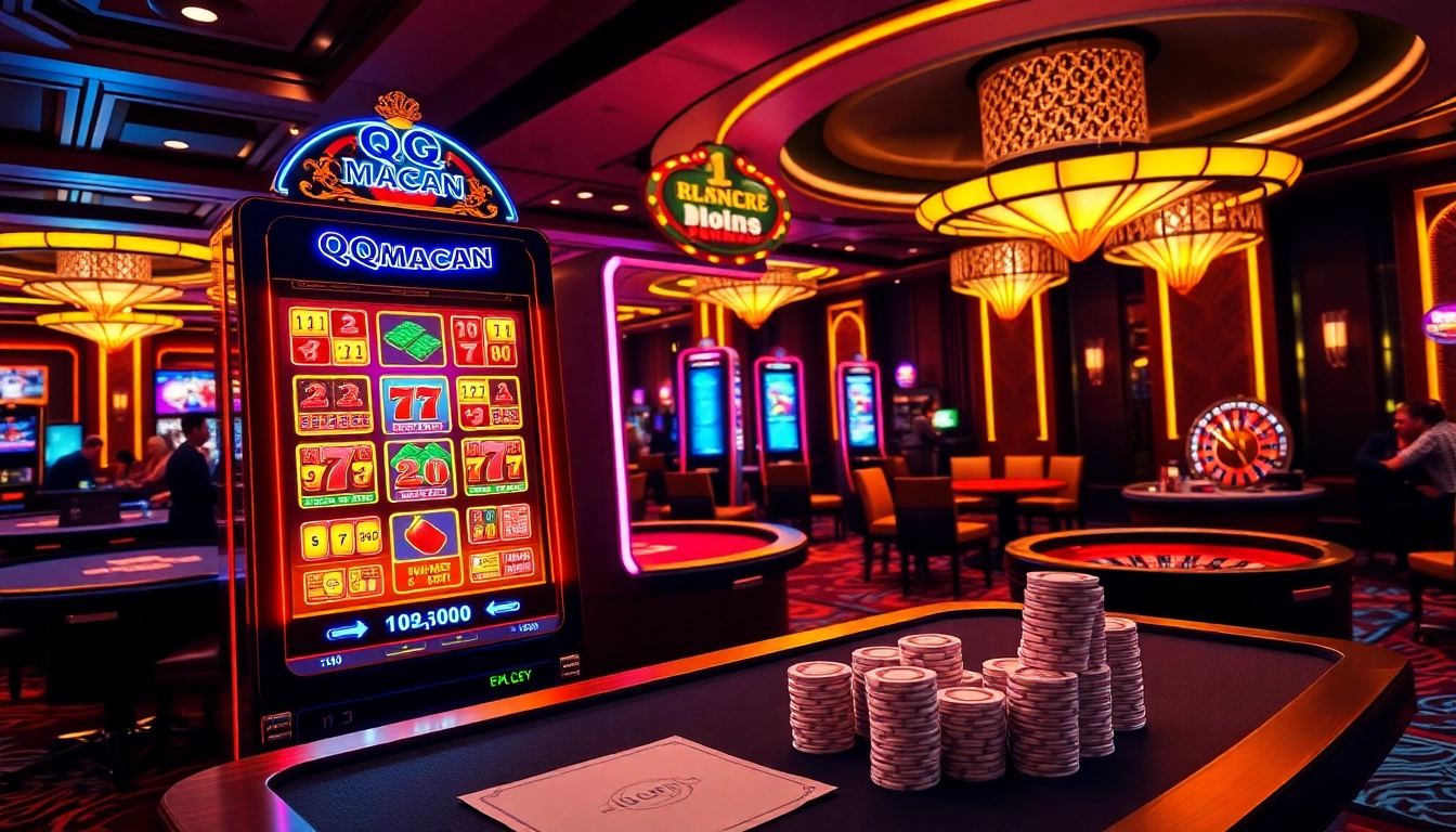 Engaging scene of qqmacan slot machine amidst a lively casino atmosphere filled with poker tables and chips.