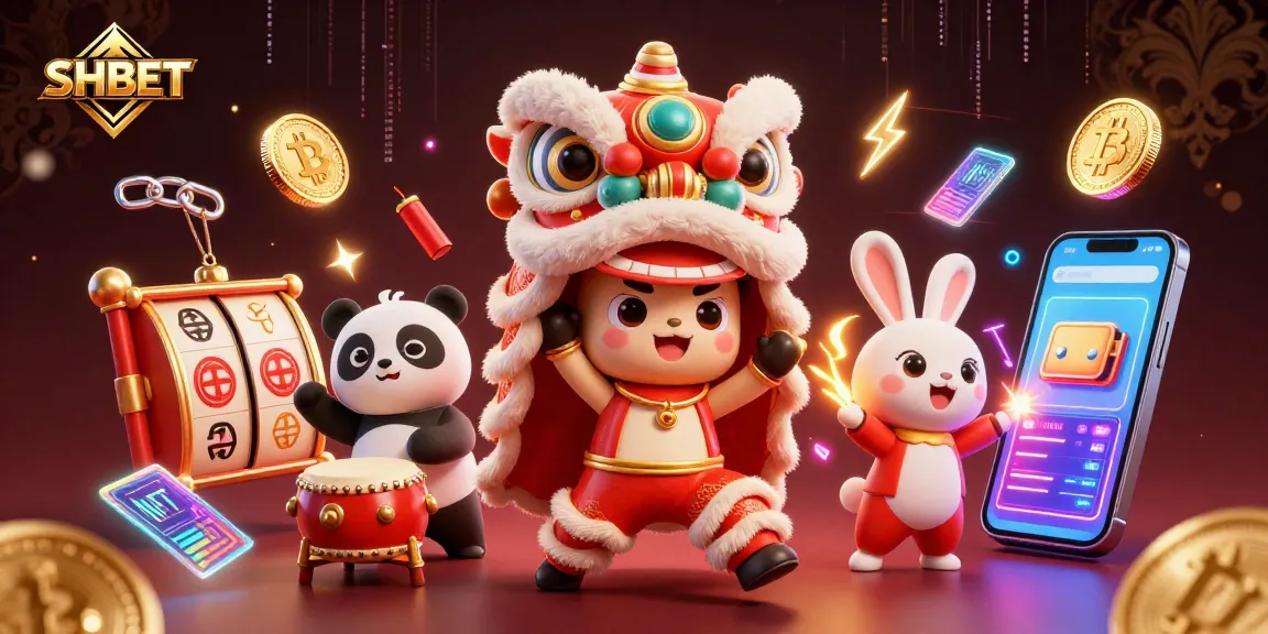 Experience the thrill of SHBET slots with a vibrant celebration featuring a lion dance and cryptocurrency elements.