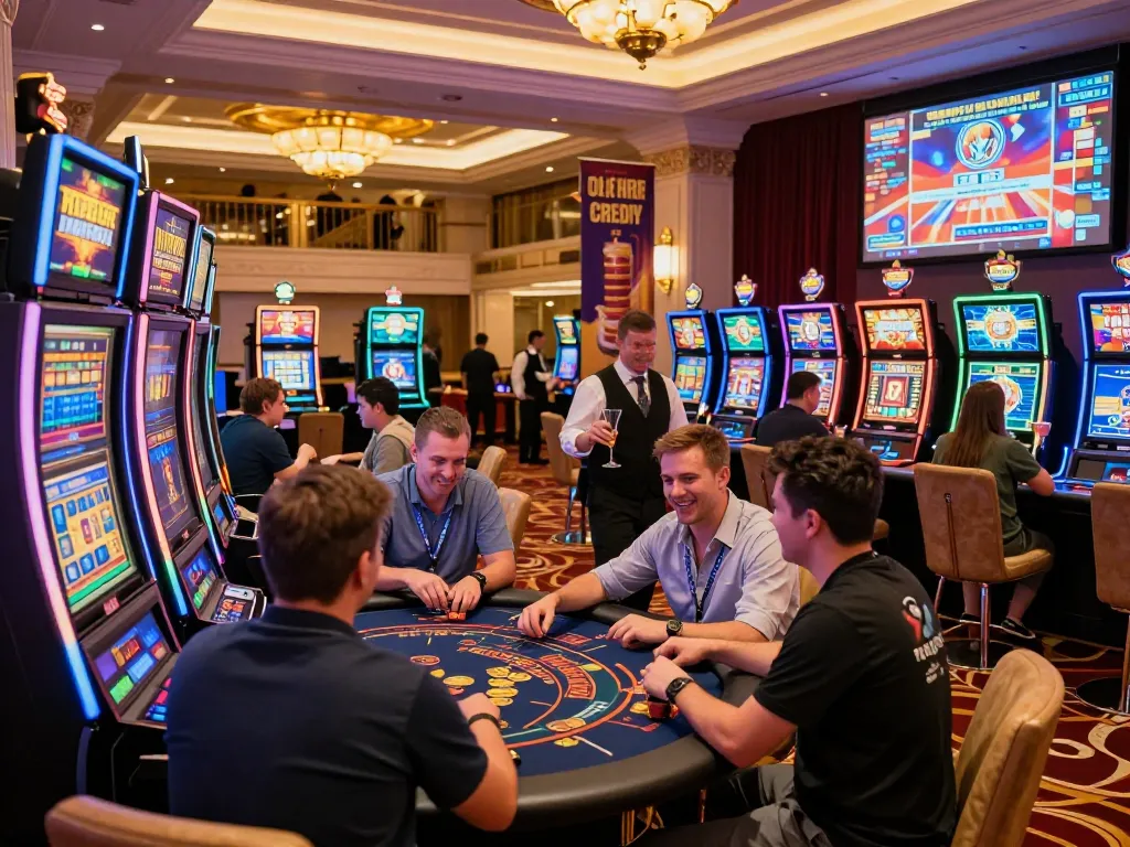 Free credit 918kiss banner in a lively casino environment with players enjoying gaming