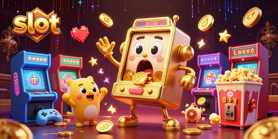 Experience the thrill of the slot with a jubilant golden machine hitting a jackpot amidst dazzling arcade elements.