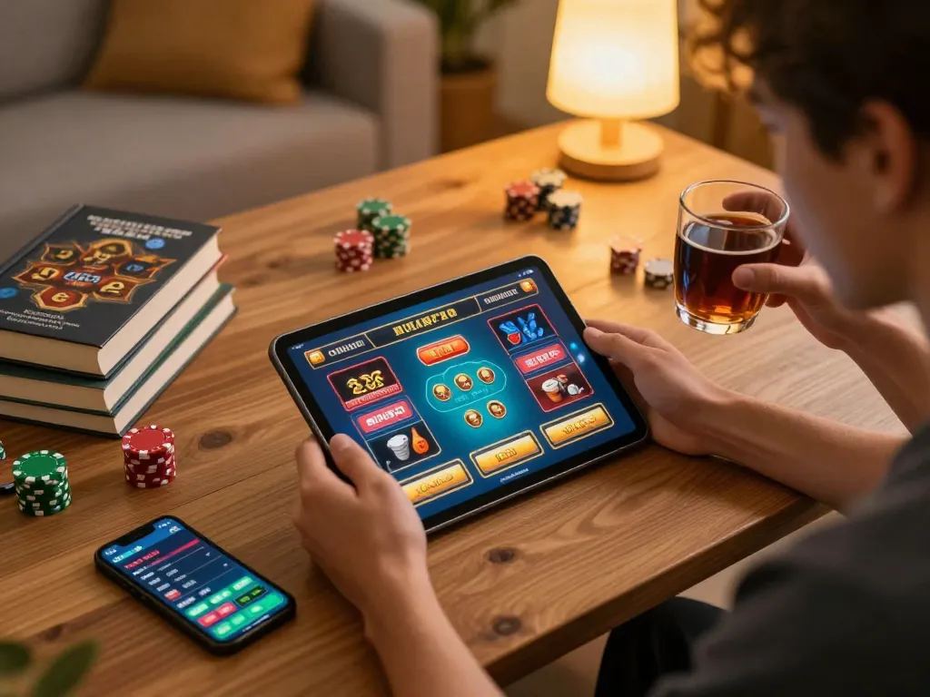 Engaged in online gambling at home, nhà cái 789bet shows exciting game options on tablet.