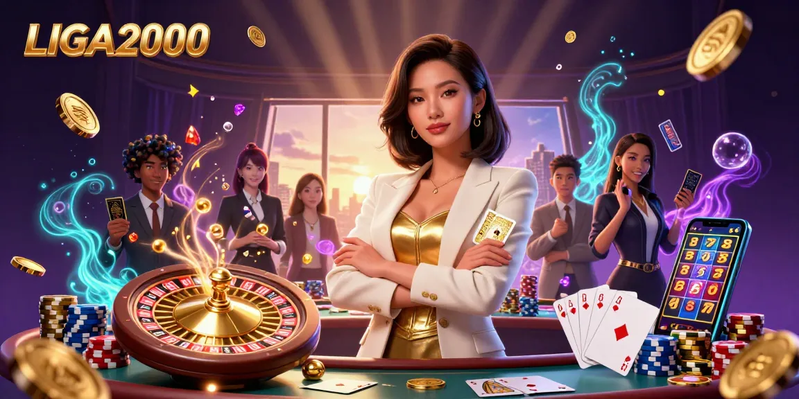 LIGA2000 menampilkan seorang wanita Asia glamor dengan kartu poker di tengah elemen kasino dinamis dalam lingkungan yang bersemangat.