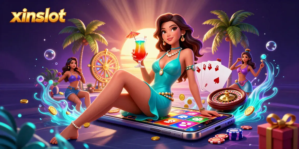 XINSLOT offers exciting games as gorgeous Asian woman enjoys a cocktail amidst vibrant casino elements.