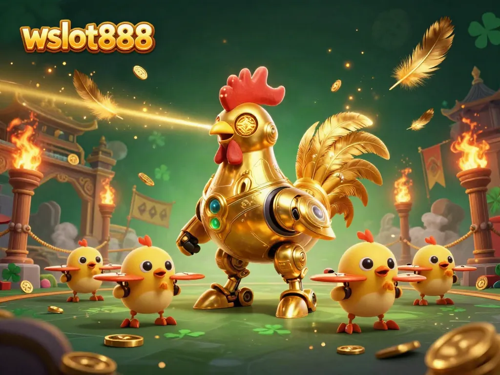 Menangkan peluang di wslot888 dengan ilustrasi robot ayam emas futuristik dan drone anak ayam.