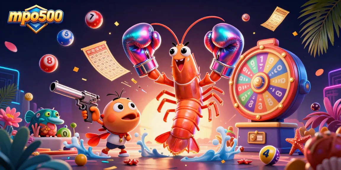 Experience the thrill of mpo500 with an energetic lottery scene featuring dynamic characters and vibrant elements.