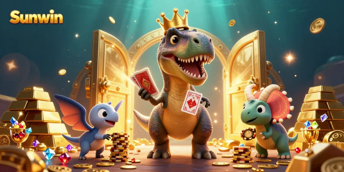 Engage with Sunwin's dynamic casino action featuring a playful T-Rex, card games, and stacked chips.
