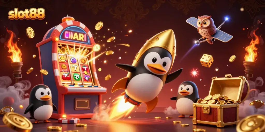 Gambarkan slot88 dalam mahakarya grafis dengan penguin emas dan mesin slot bekasi.