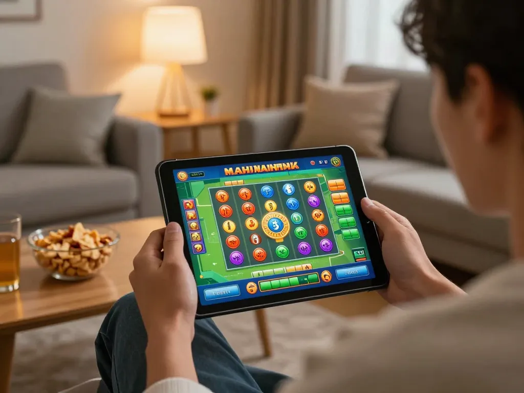Engaged player spinning reels on a slot mahjong game on tablet, cozy home atmosphere, colorful symbols visible.