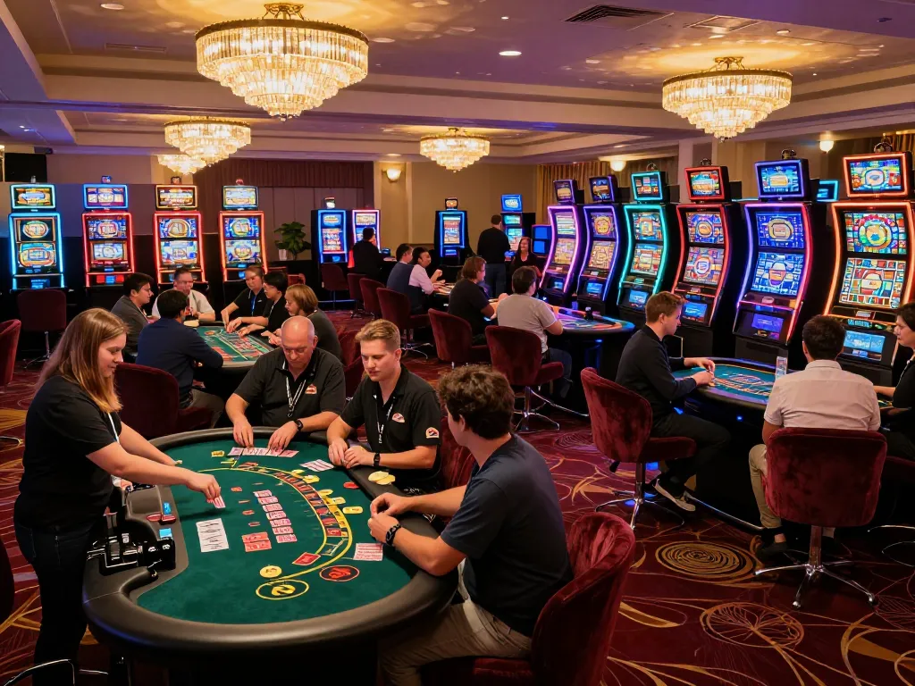 Players engage in strategic gameplay at 33win casino, surrounded by vibrant slots and card tables.