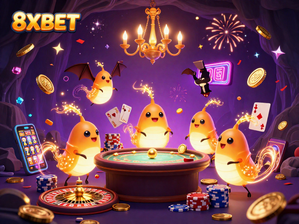 Experience the thrilling adventure of 8XBET with a vibrant casino scene lit by glowing glowworms!