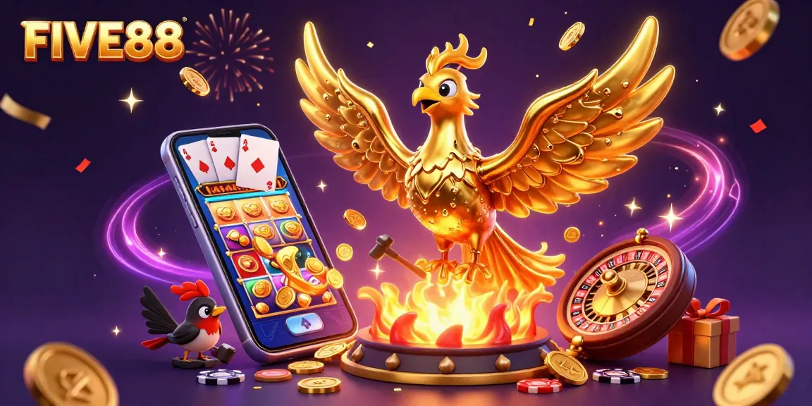 Experience the thrilling magic of FIVE88 with a golden phoenix soaring amidst coins and vibrant casino elements.