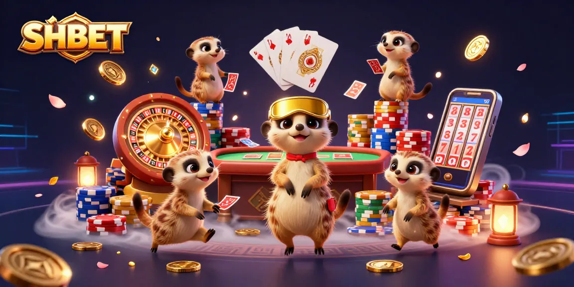 Experience thrilling casino action at SHBET with cartoon meerkats managing a dynamic gaming scene.