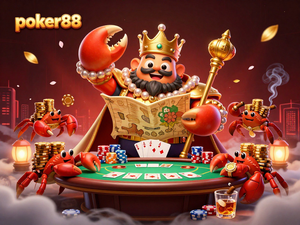 Gambaran suasana meriah di poker88 dengan kucing kepiting emas besar yang memegang peta harta karun di tengah meja poker.