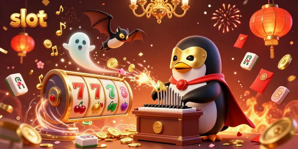 Experience the thrill of slots with a vibrant scene featuring a penguin playing a magical organ.