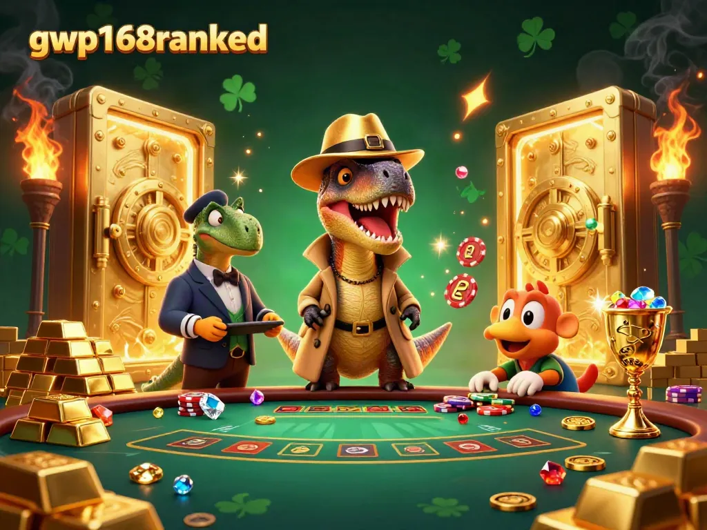 Gambarkan dinamic gwp168ranked di kasino dengan karakter dinosaurus dan elemen permainan.