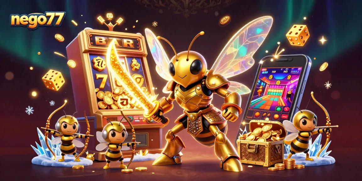 Experience thrilling wins with nego77 in this vibrant online casino scene featuring a golden hornet and jackpot elements.