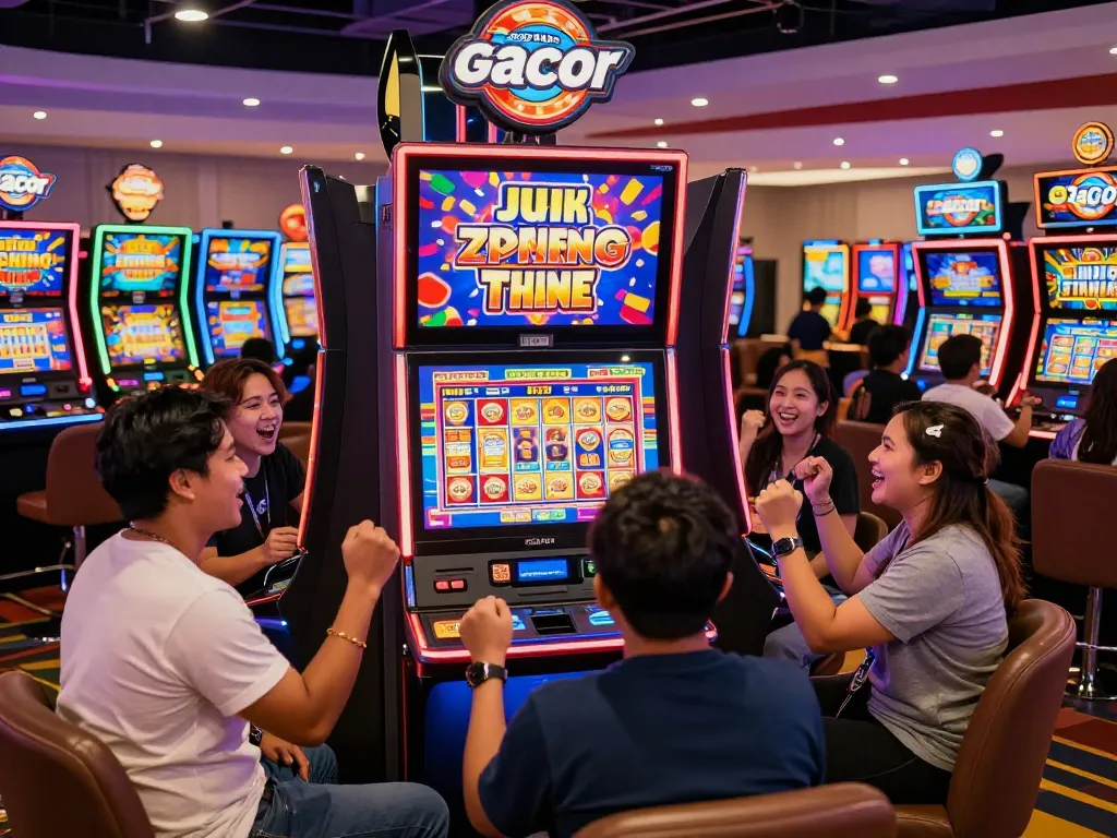 Pemain yang berinteraksi dengan mesin slot online gacor merayakan kemenangan besar di kasino yang hidup.