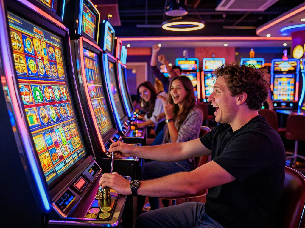 Person experiencing the thrill of a slot machine in a lively casino