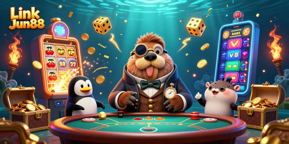 Engage with thrilling bets at Link Jun88, featuring a walrus and friends at an underwater poker table.