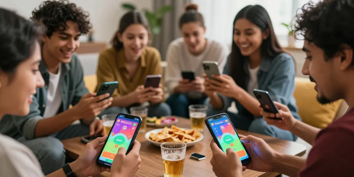 Tiranga Game Login: Friends enjoying colour prediction games on mobile devices in a cozy living room setting