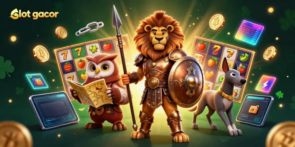Experience the thrill of slot gacor with a heroic Spartan lion and dynamic casino symbols.