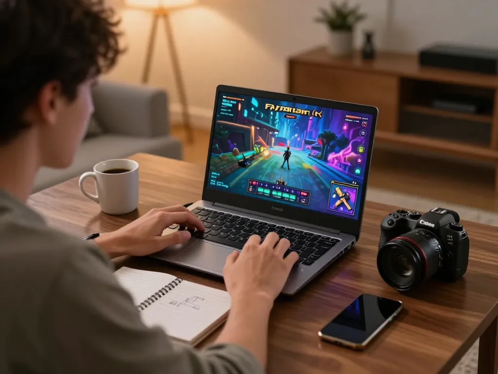 การตั้งค่าการเล่นเกมออนไลน์ FAFA828 โดยมีผู้ใช้มุ่งเน้นที่การเล่นเกมบนแล็ปท็อปและบันทึกกลยุทธ์