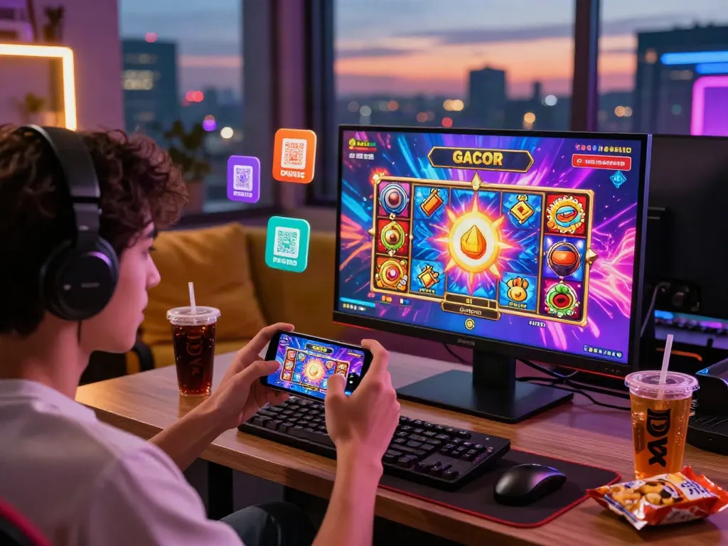 Exciting gaming moment featuring slot online gacor on smartphone with vibrant visuals and warm atmosphere.