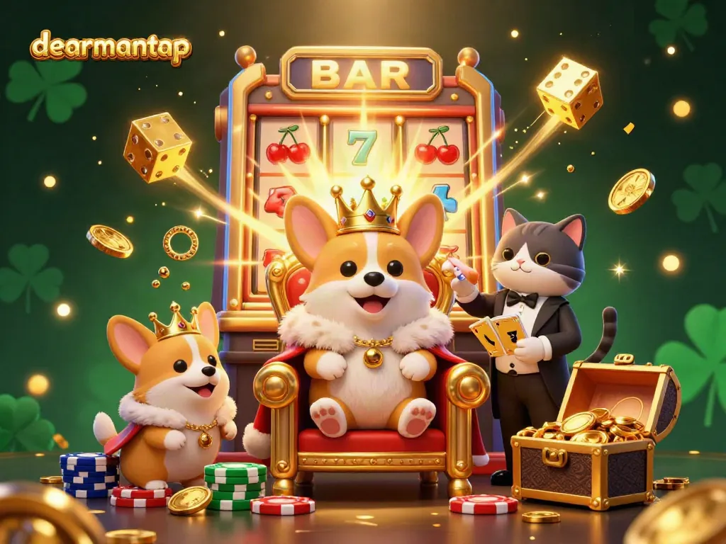 Experience the thrill of dealmantap with this vibrant 3D casino illustration featuring a royal corgi and a jackpot.