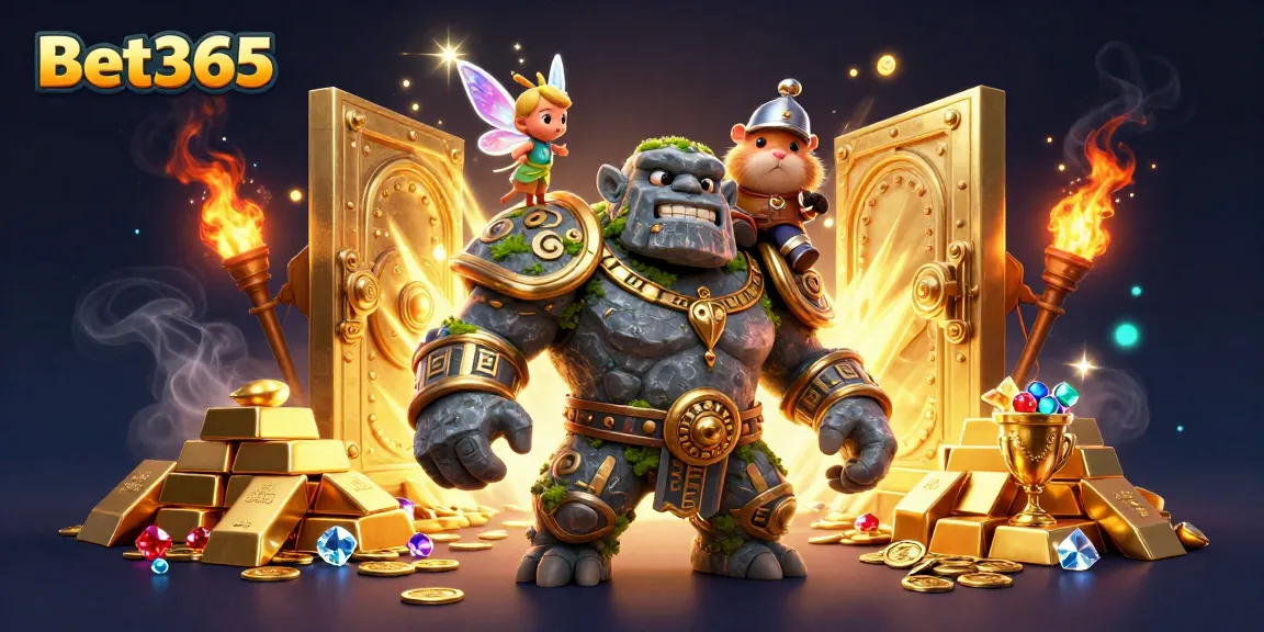 Experience the thrill of Bet365 with a vibrant casino scene, featuring a magical golem and enchanting characters.