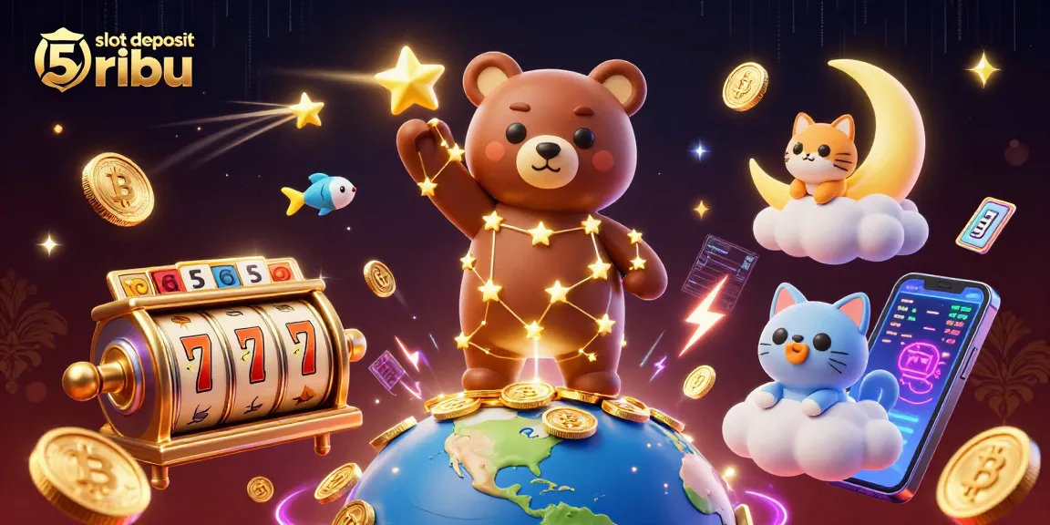 Engage with slot deposit 5ribu in this vibrant casino scene featuring animated characters and bright game elements.