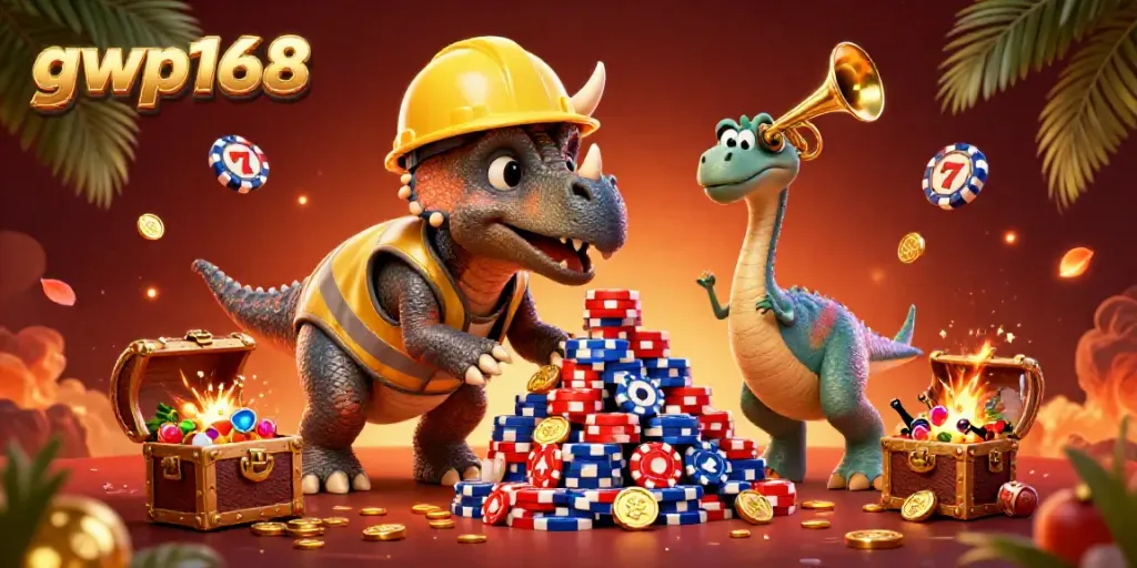 Permainan slot gacor di platform gwp168 dengan karakter dinosaurus merayakan kemenangan.