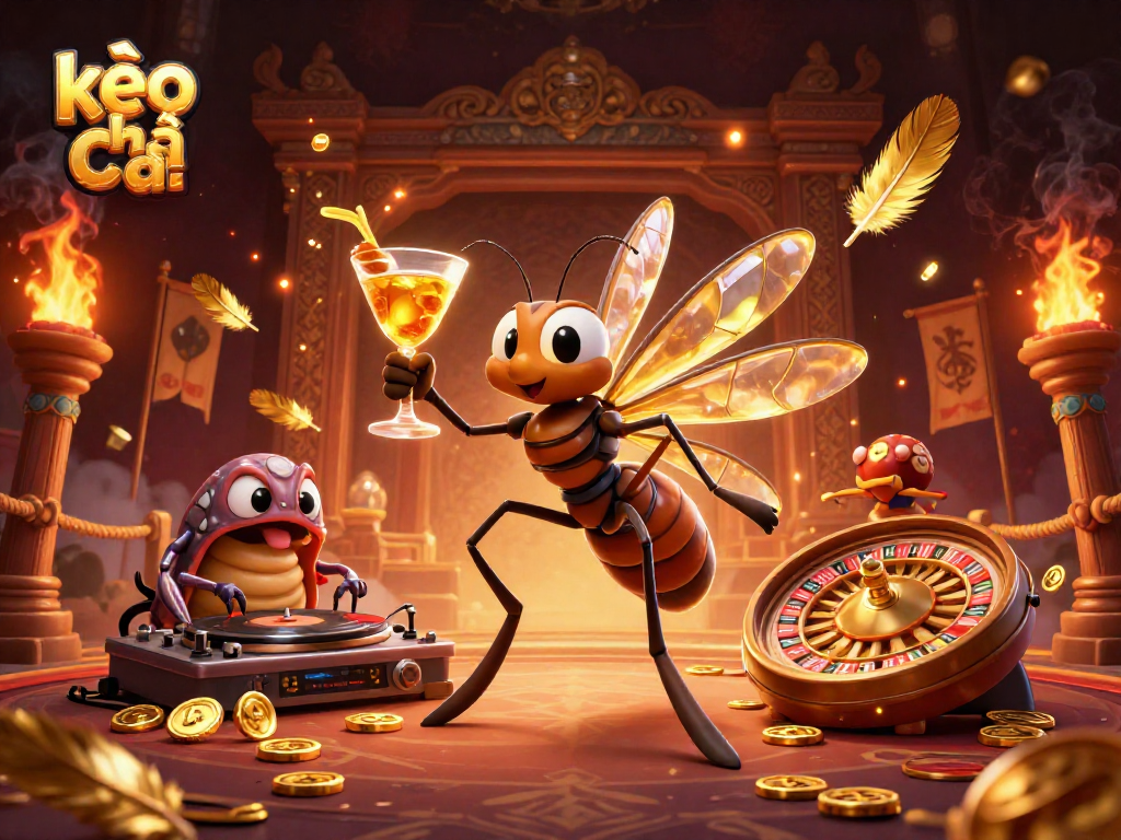 Engage with kèo nhà cái through a vibrant 3D scene featuring animated casino elements and characters.