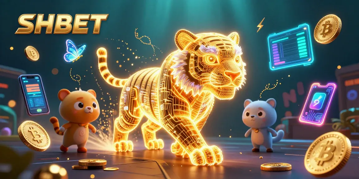 SHBET's vibrant digital casino scene showcases a glowing tiger and crypto elements interacting.